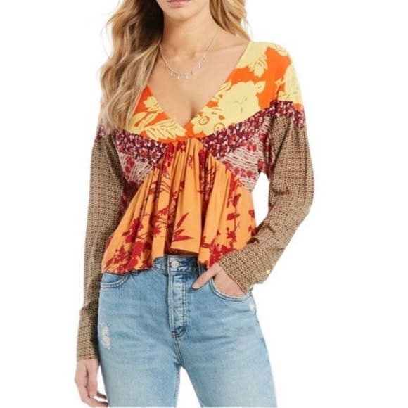 Free People Aloha State of Mind Patchwork Top Flower Detail Drapey Orange Yellow - Picture 13 of 14